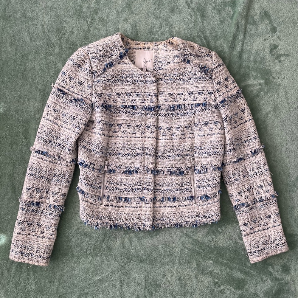 Joie Tweed Grandmacore Blazer Jacket Preppy Old Money Blue and Cream